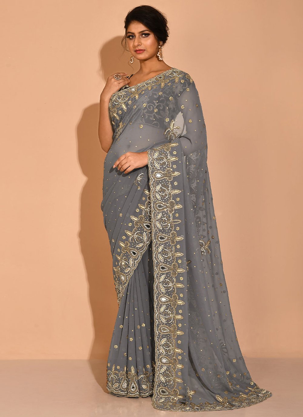 Traditional Saree Georgette Grey Embroidered Saree