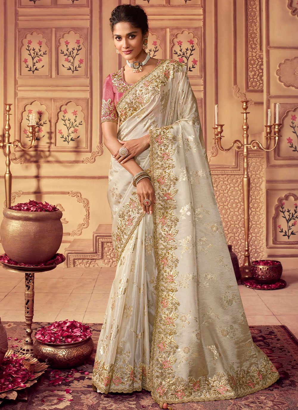 Traditional Saree Chinon Georgette Off White Embroidered Saree