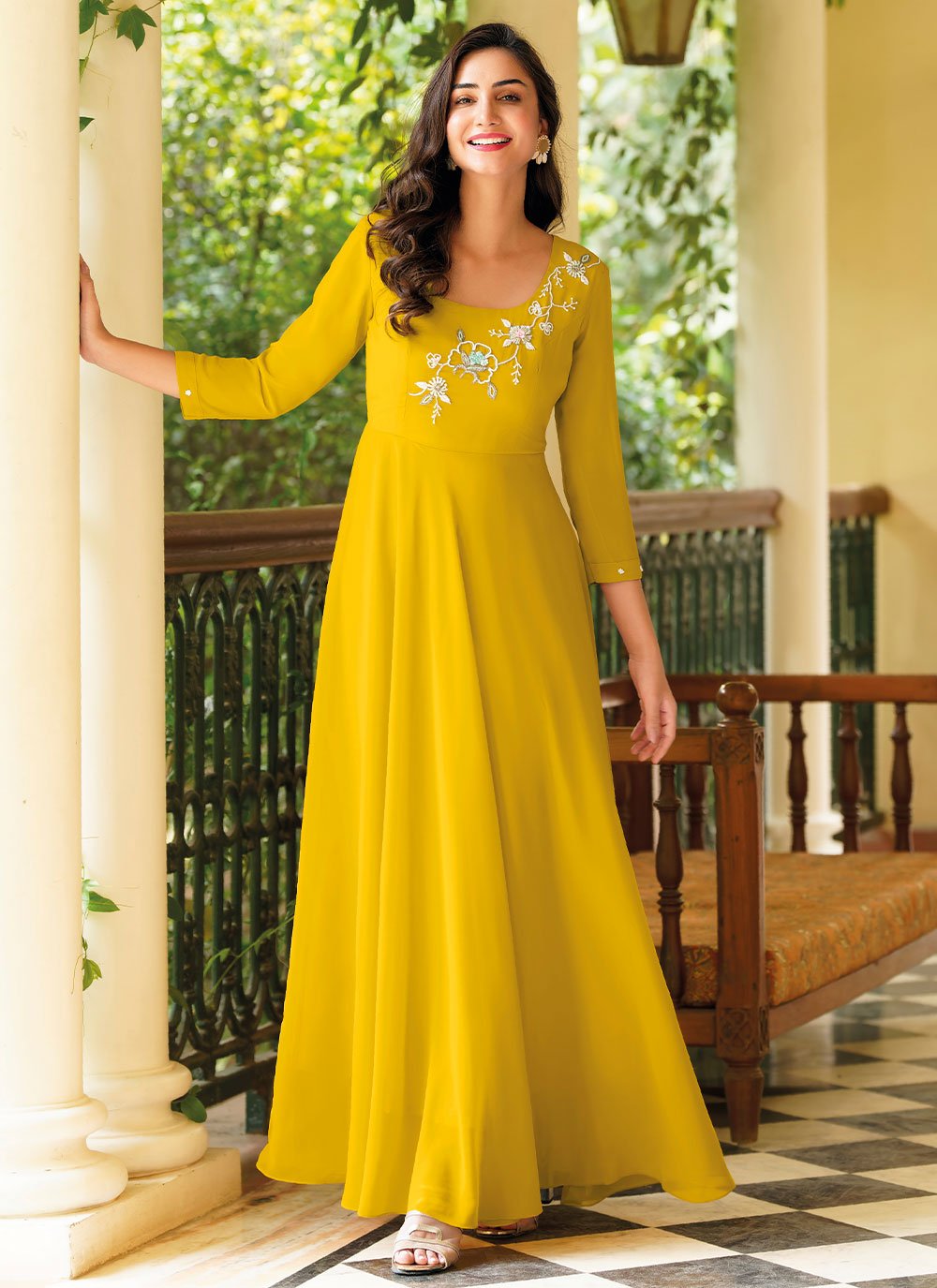 Gown Georgette Yellow Embroidered Gown