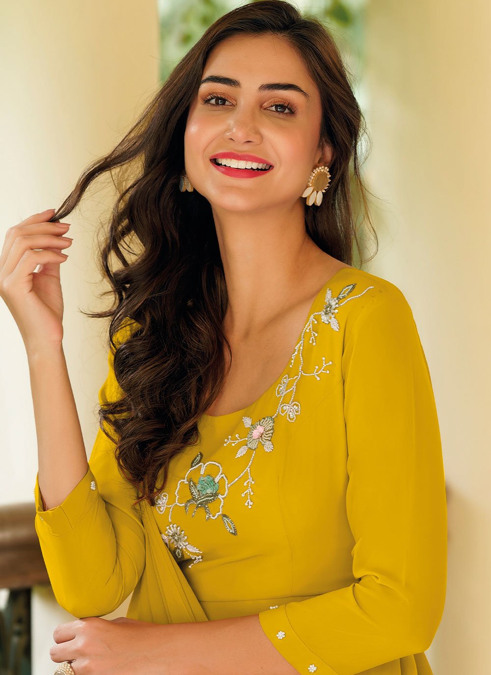 Gown Georgette Yellow Embroidered Gown