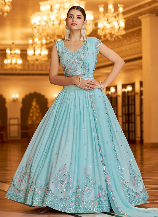 Lehenga Choli Georgette Aqua Blue Embroidered Lehenga Choli