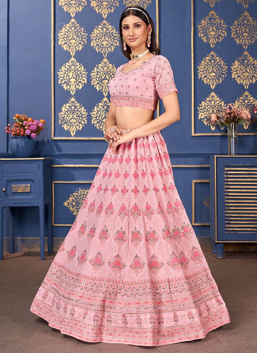 Lehenga Choli Georgette Pink Embroidered Lehenga Choli