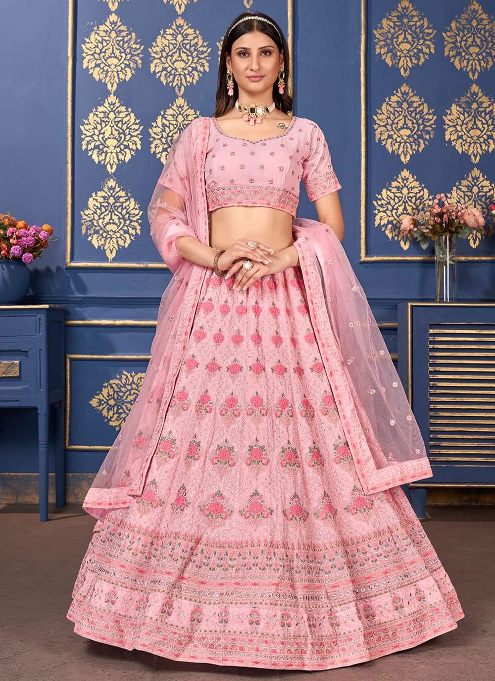 Lehenga Choli Georgette Pink Embroidered Lehenga Choli