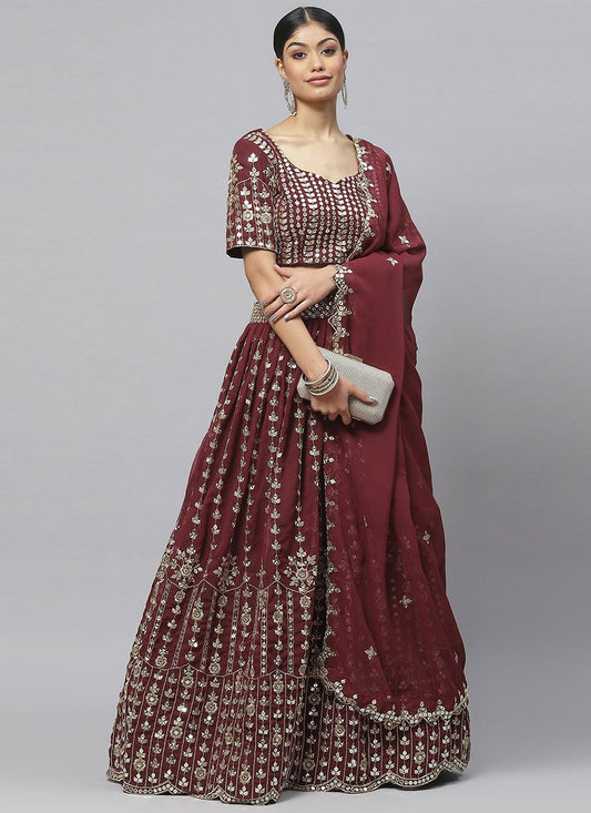 Lehenga Choli Georgette Maroon Embroidered Lehenga Choli