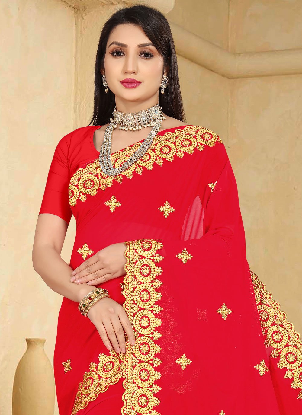 Trendy Saree Georgette Red Embroidered Saree