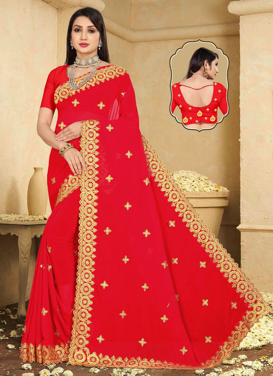 Trendy Saree Georgette Red Embroidered Saree