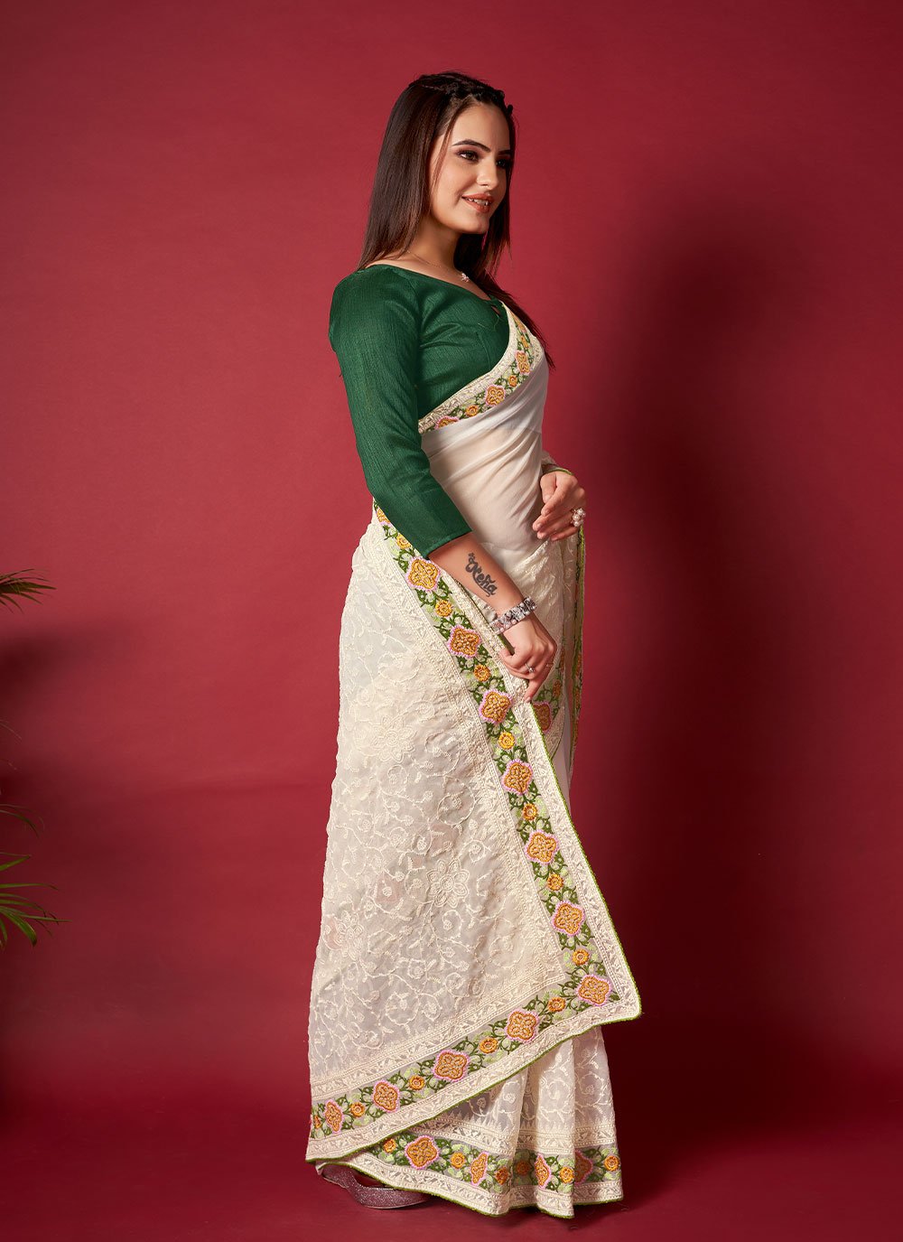 Trendy Saree Georgette Off White Embroidered Saree