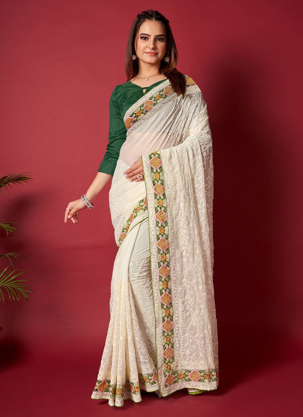 Trendy Saree Georgette Off White Embroidered Saree