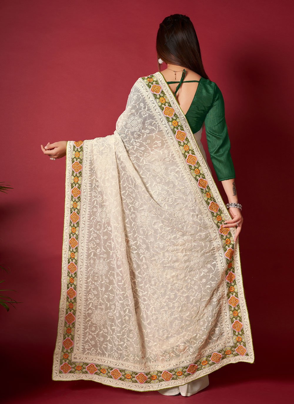 Trendy Saree Georgette Off White Embroidered Saree