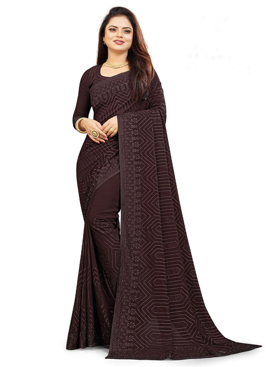 Trendy Saree Georgette Brown Embroidered Saree