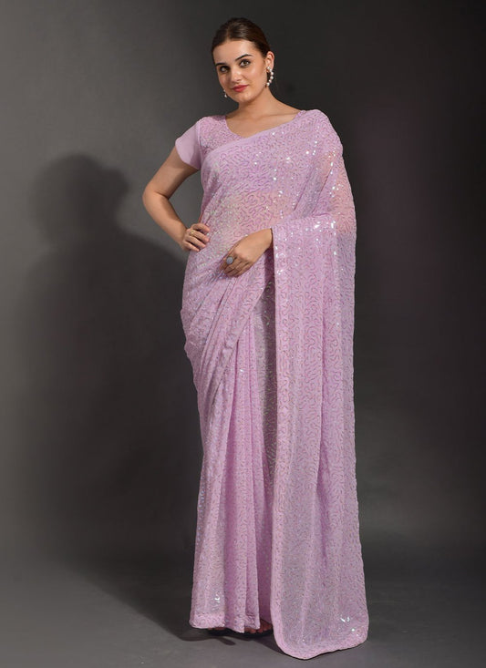 Trendy Saree Georgette Lavender Embroidered Saree