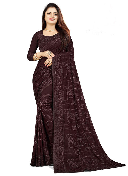 Classic Georgette Wine Embroidered Saree