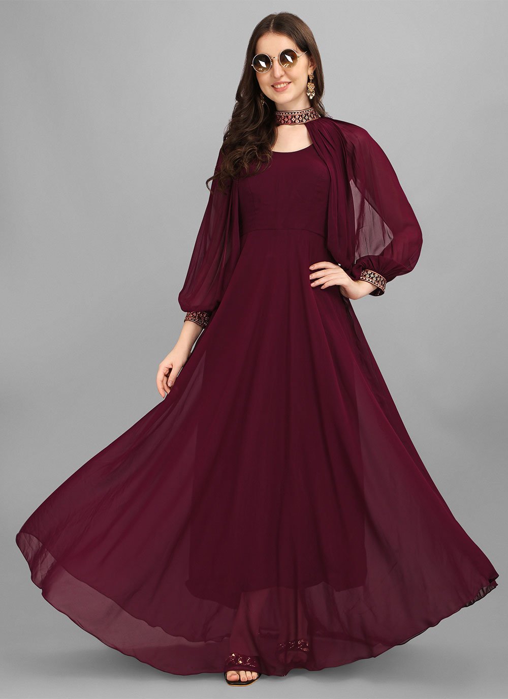 Designer Gown Georgette Wine Embroidered Gown