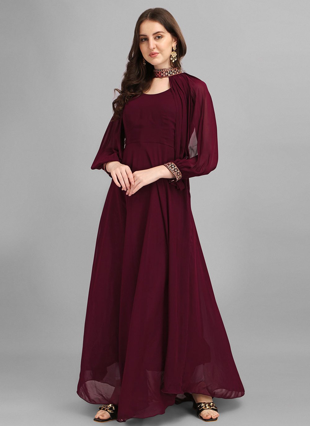 Designer Gown Georgette Wine Embroidered Gown