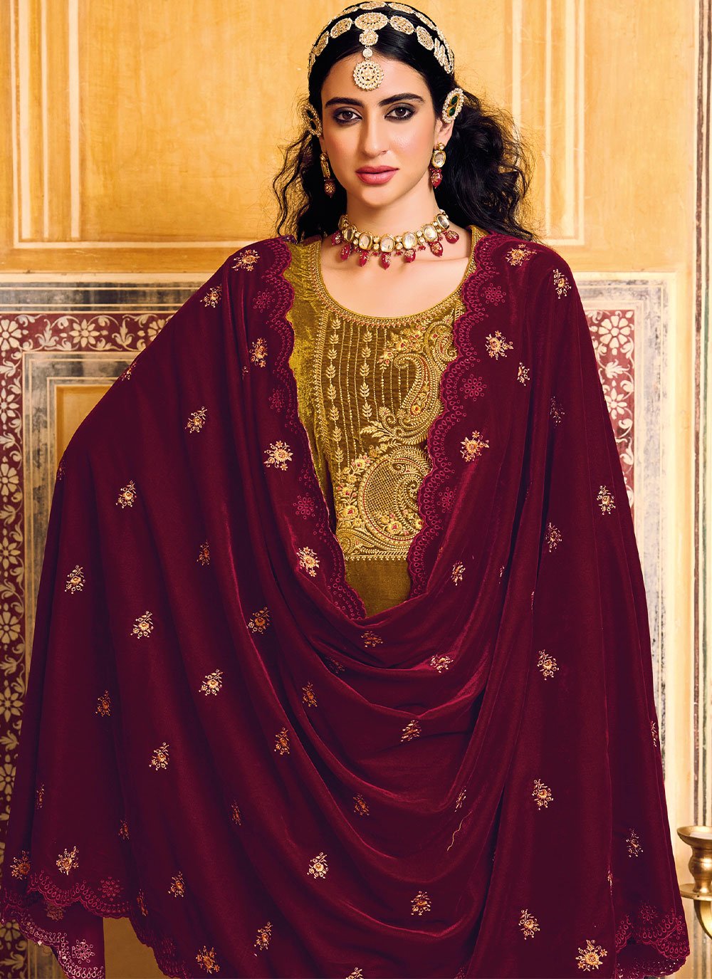 Salwar Suit Velvet Gold Embroidered Salwar Kameez