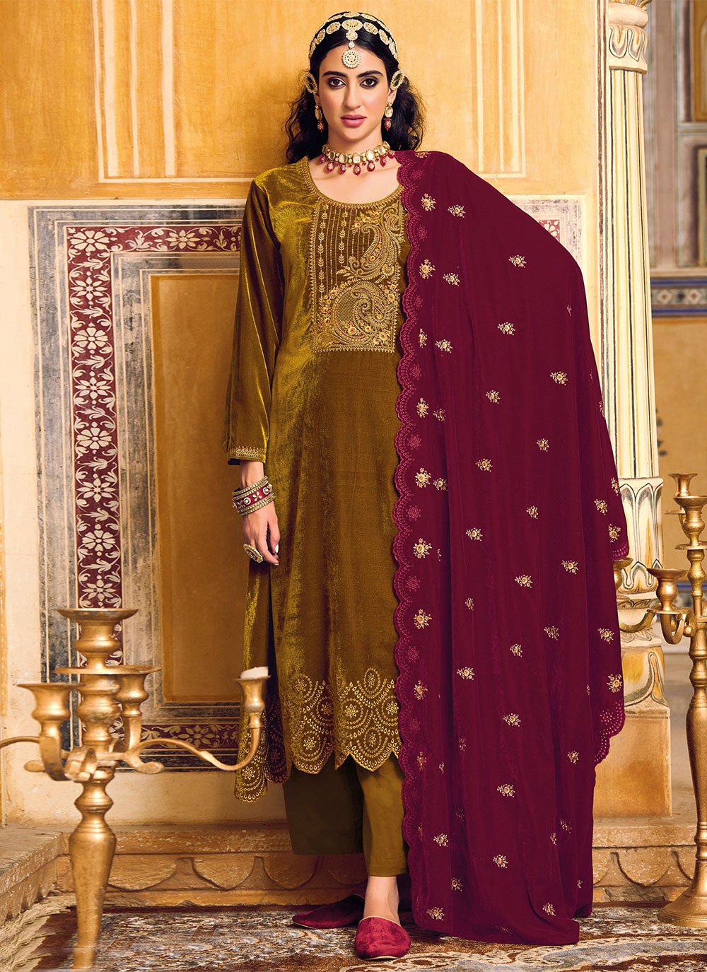 Salwar Suit Velvet Gold Embroidered Salwar Kameez