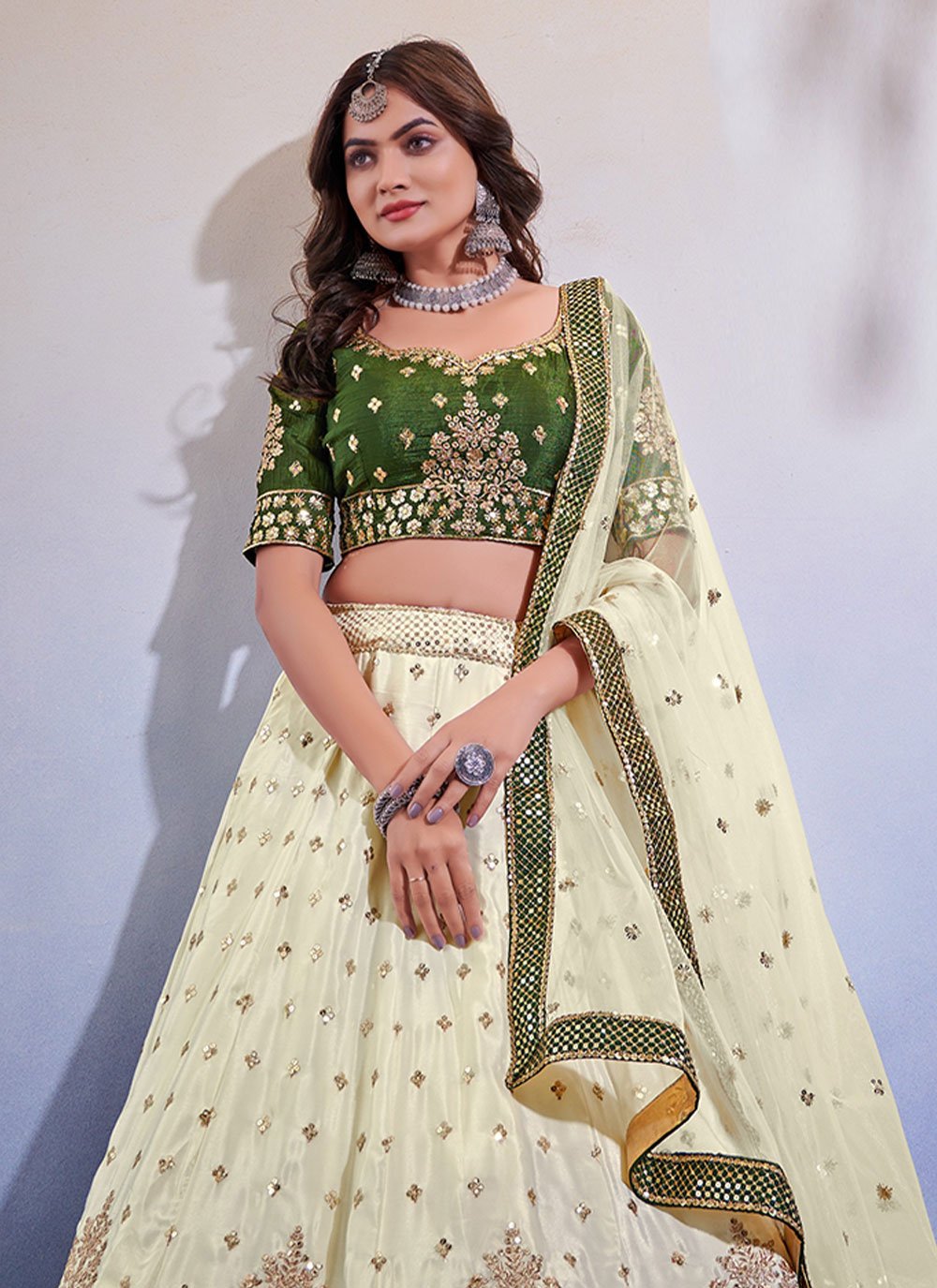 A Line Lehenga Chinon Green Off White Embroidered Lehenga Choli