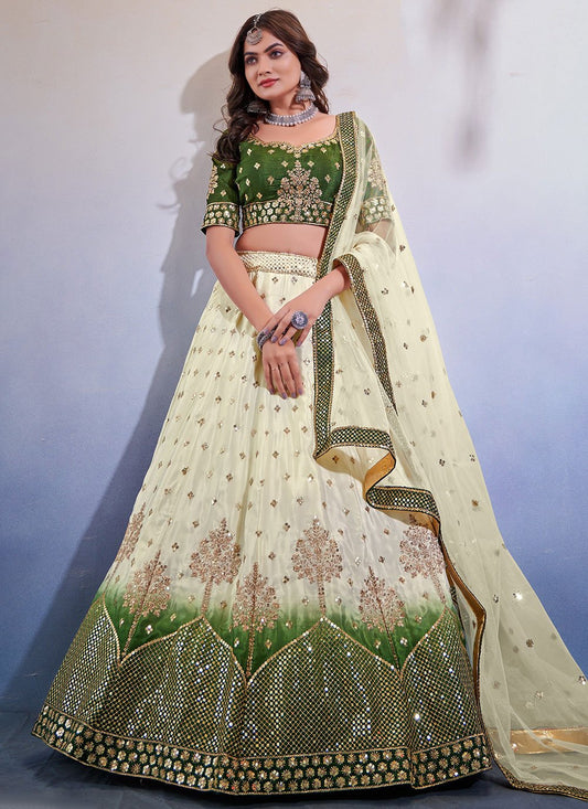 A Line Lehenga Chinon Green Off White Embroidered Lehenga Choli