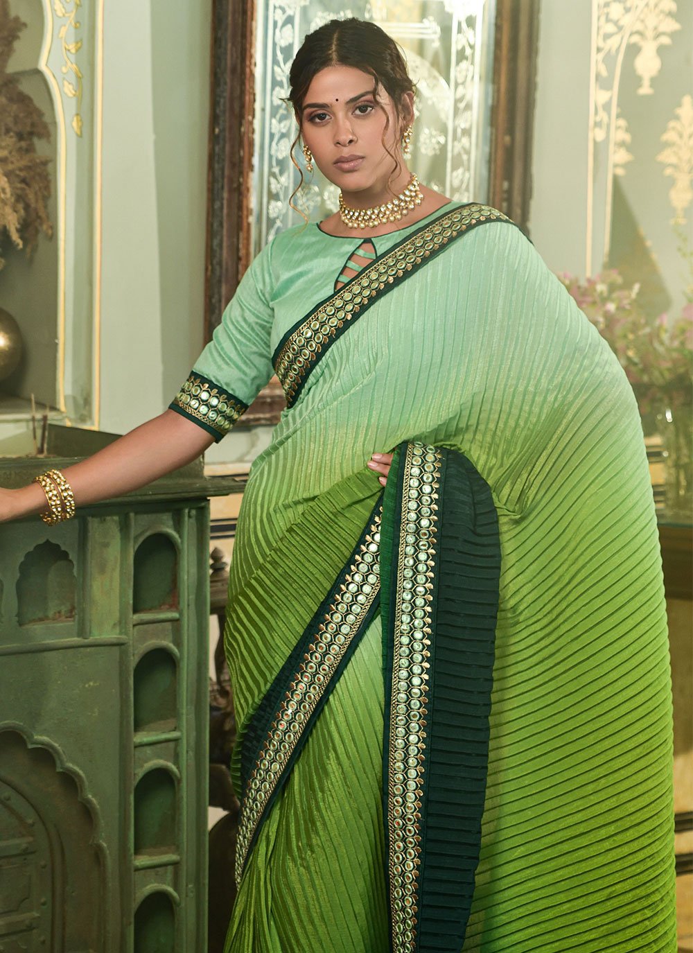 Contemporary Chinon Crush Green Sea Green Embroidered Saree