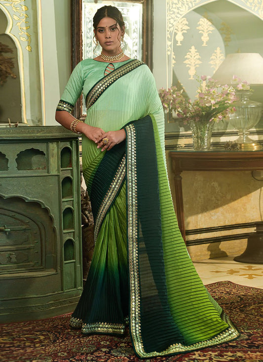 Contemporary Chinon Crush Green Sea Green Embroidered Saree