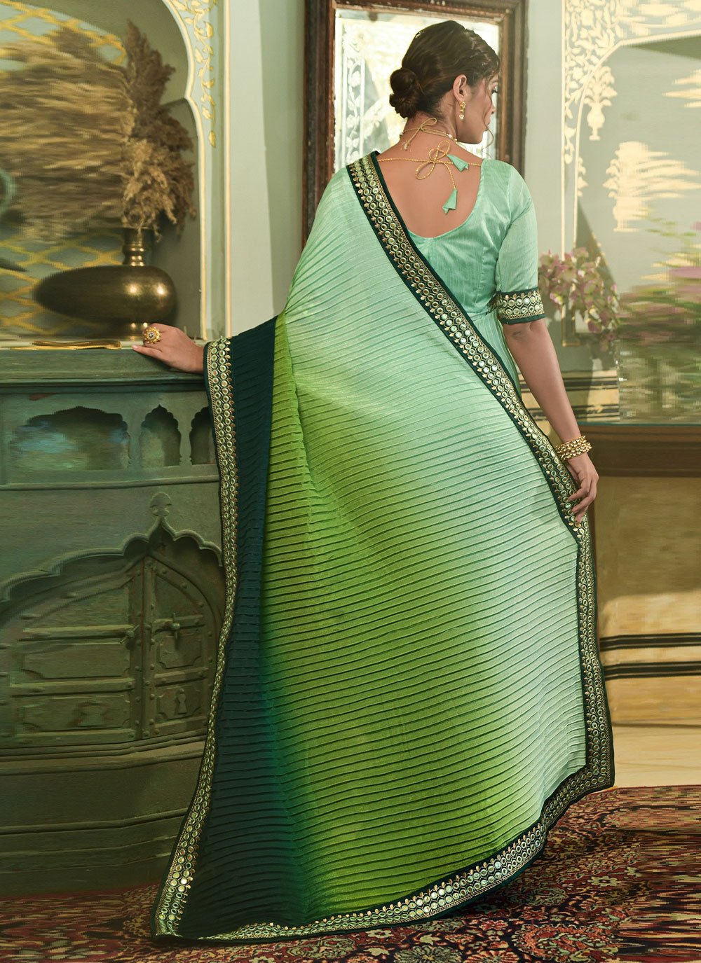 Contemporary Chinon Crush Green Sea Green Embroidered Saree