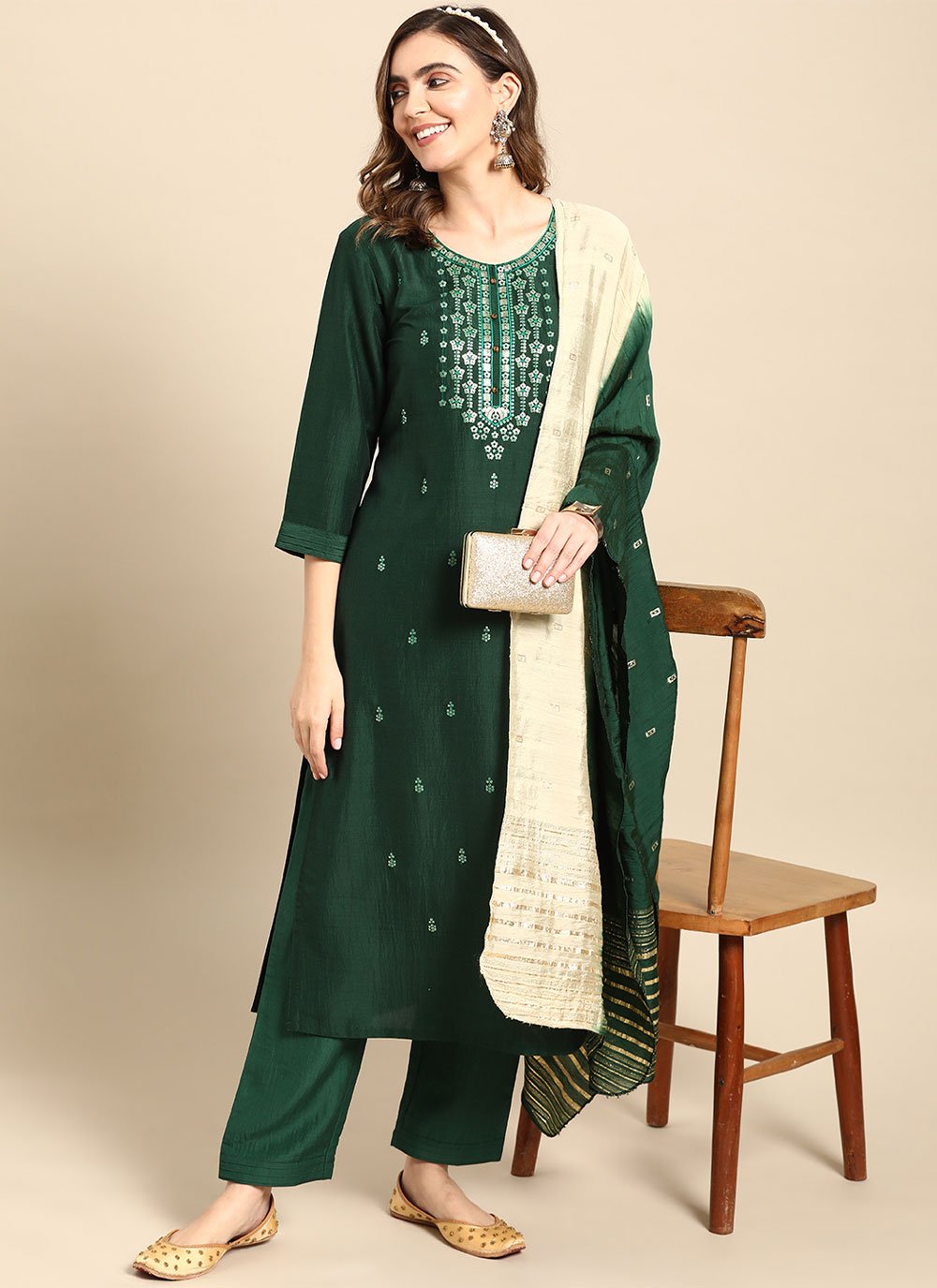 Salwar Suit Chinon Green Embroidered Salwar Kameez