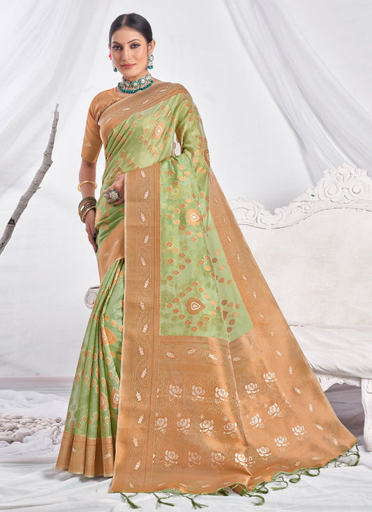 Designer Organza Green Embroidered Saree