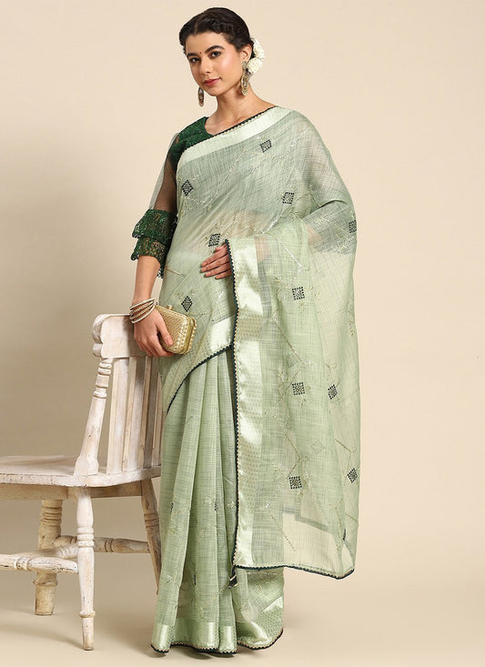 Contemporary Poly Cotton Green Embroidered Saree