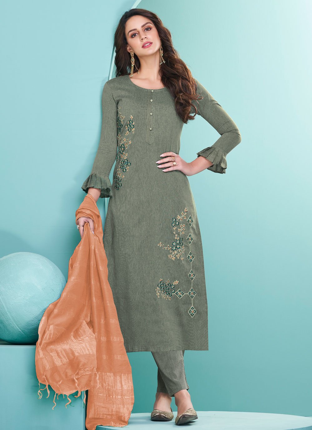 Salwar Suit Cotton Green Embroidered Salwar Kameez