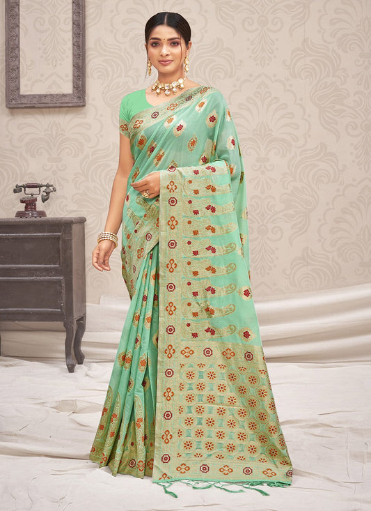 Designer Cotton Silk Green Embroidered Saree