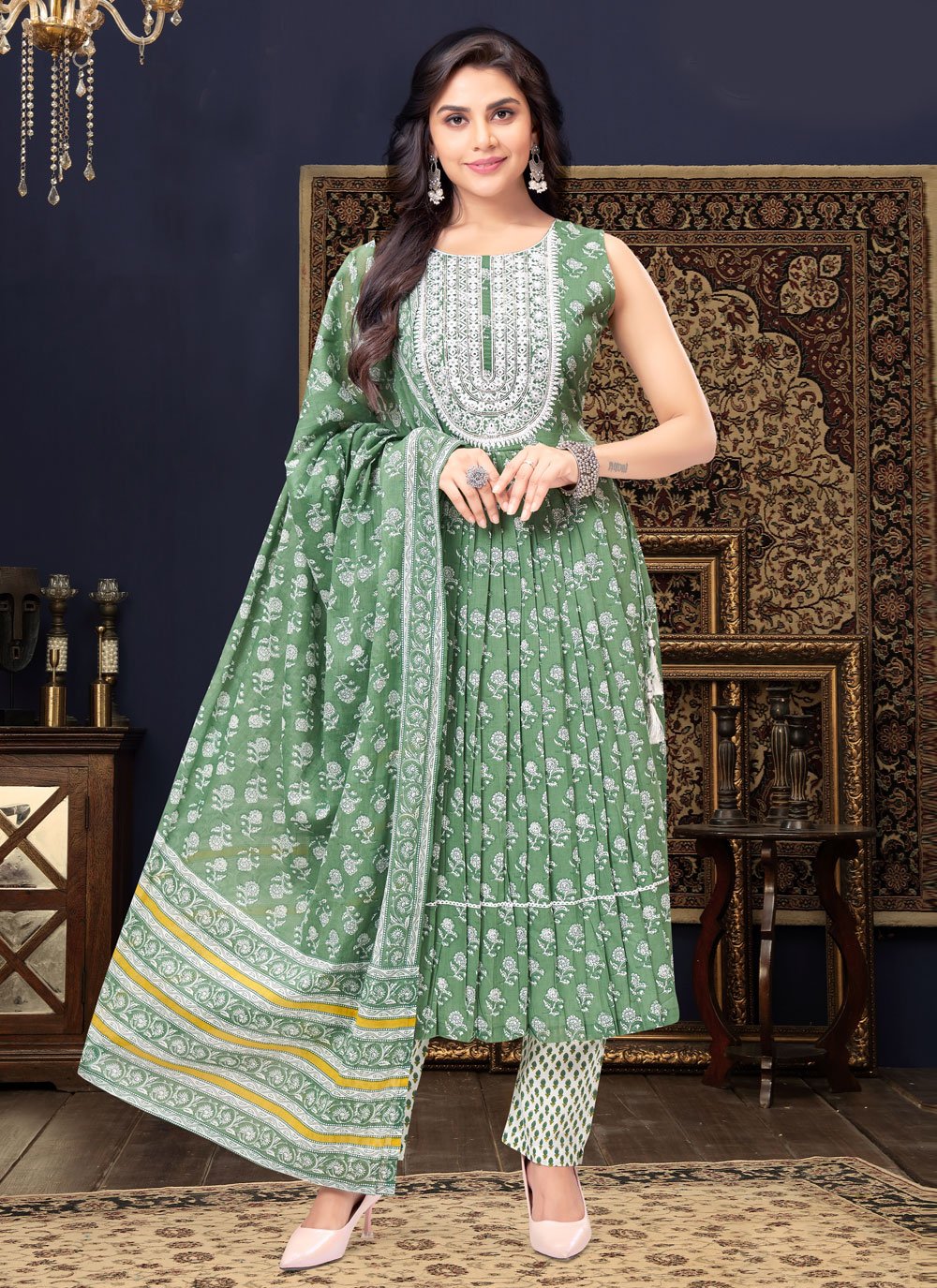 Salwar Suit Cotton Silk Green Embroidered Salwar Kameez