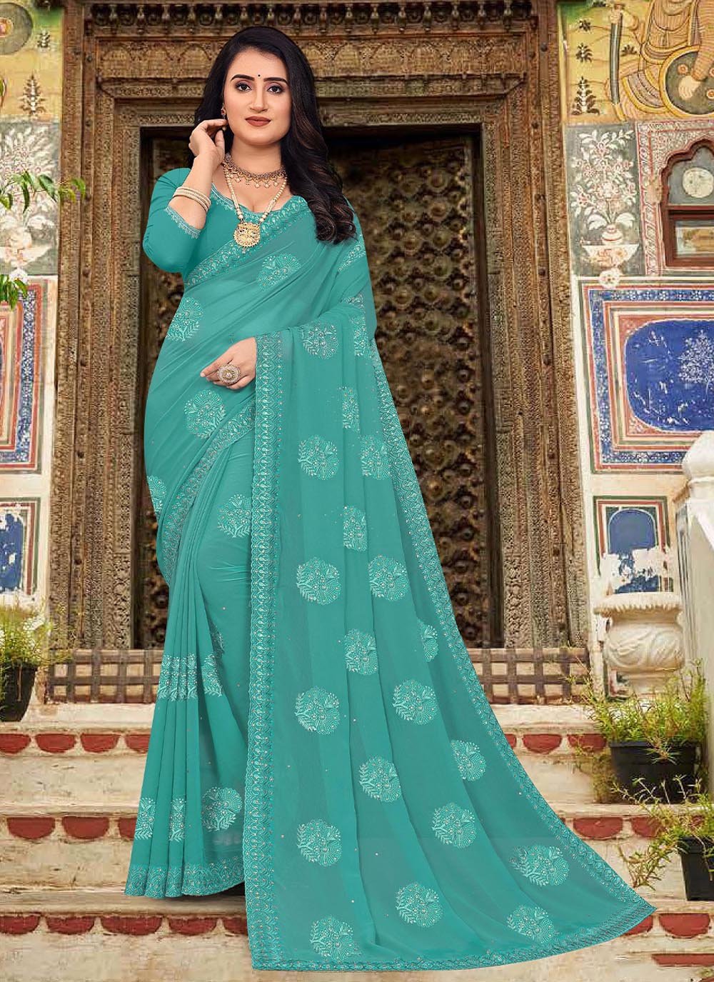 Designer Georgette Green Embroidered Saree