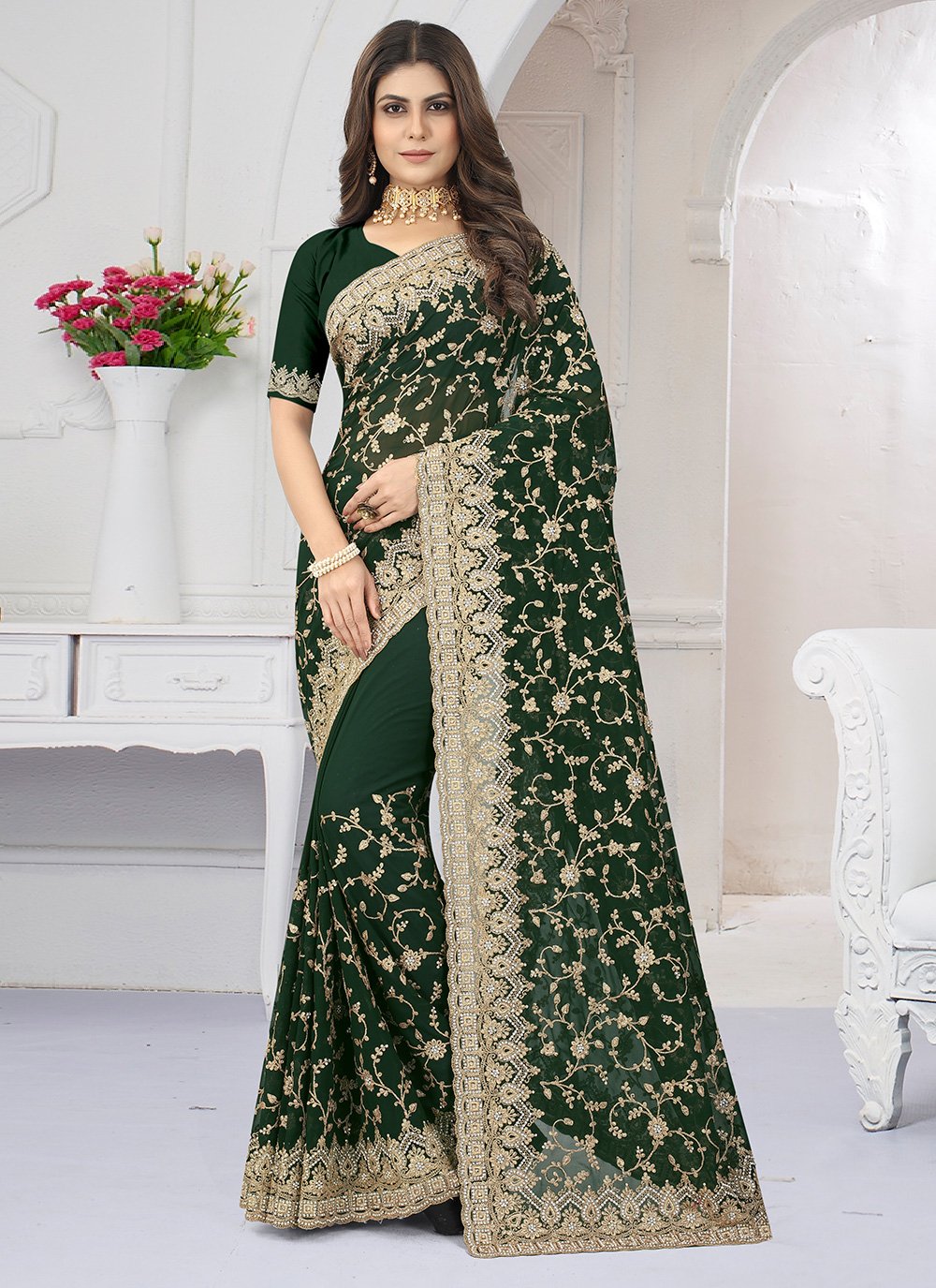 Designer Georgette Green Embroidered Saree