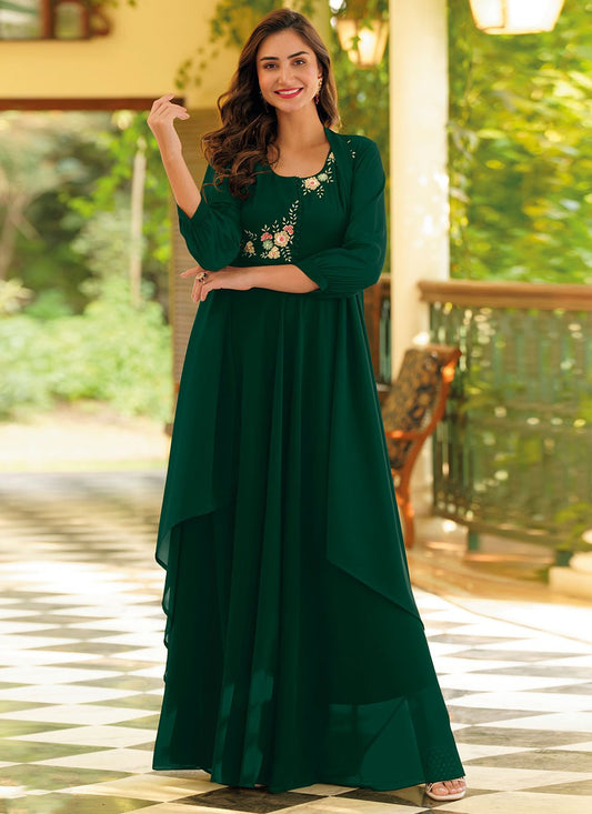 Gown Georgette Green Embroidered Gown