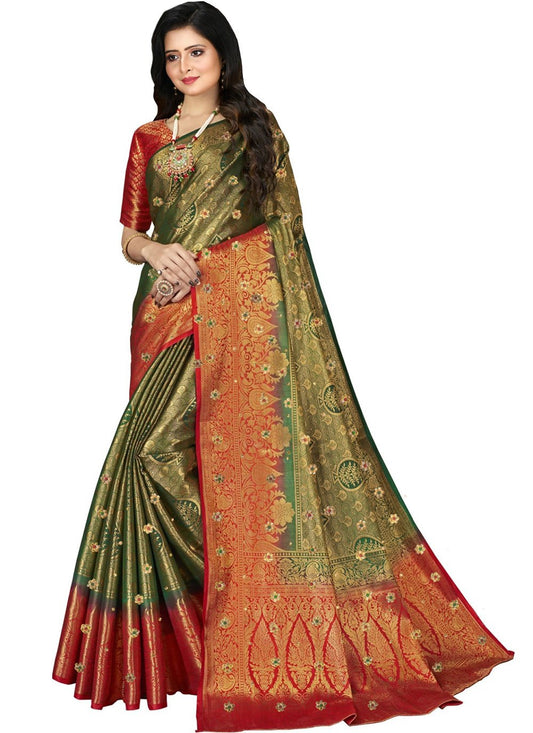 Classic Kanjivaram Silk Green Embroidered Saree