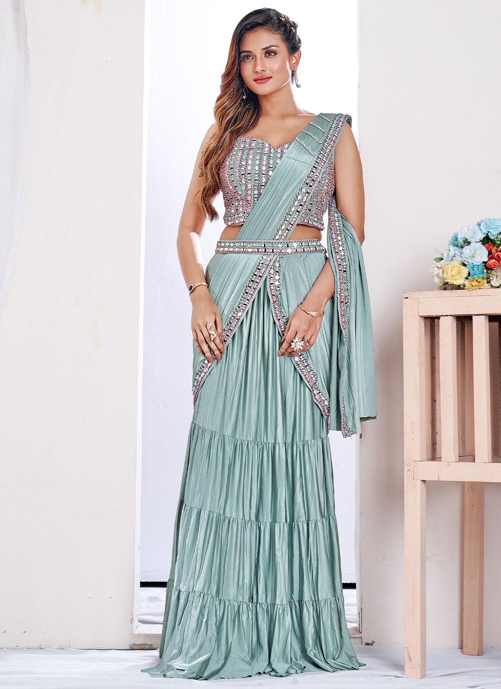 Lehenga Style Saree Imported Lycra Green Embroidered Saree