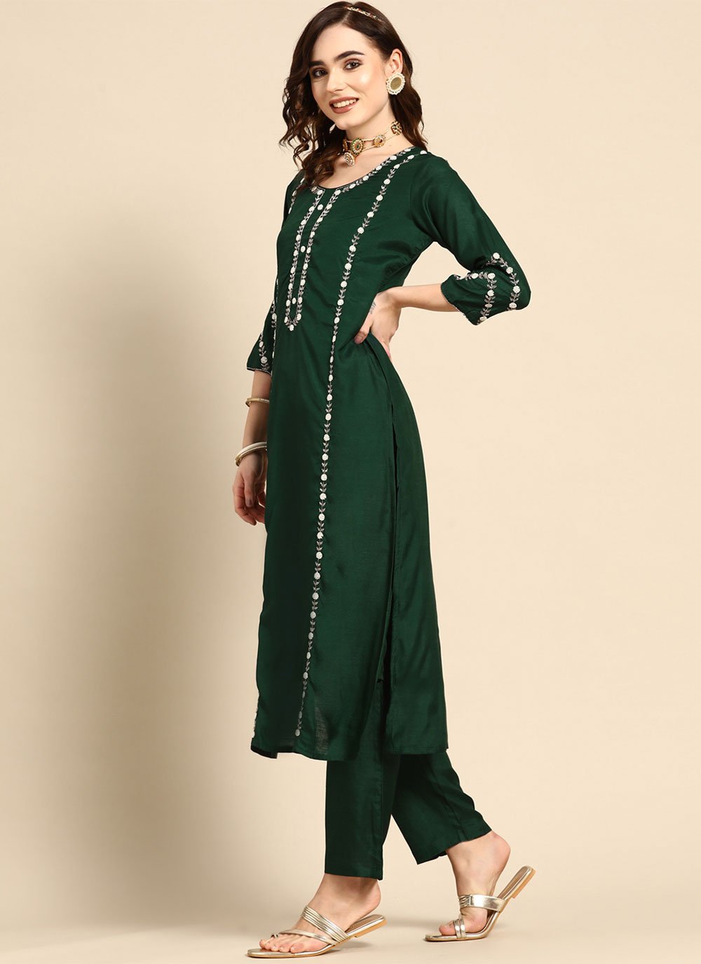 Pant Style Suit Muslin Green Embroidered Salwar Kameez