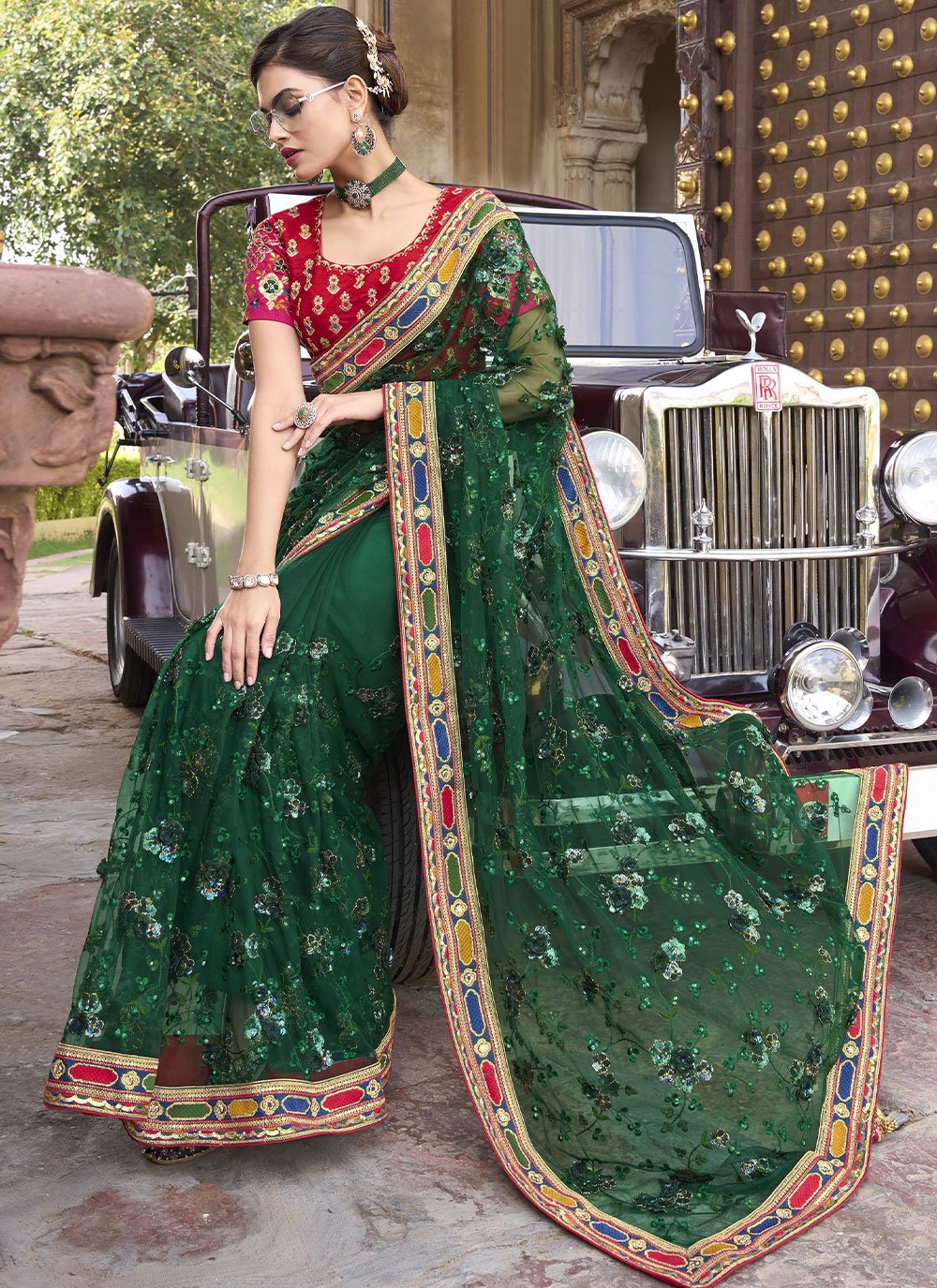 Trendy Saree Net Green Embroidered Saree