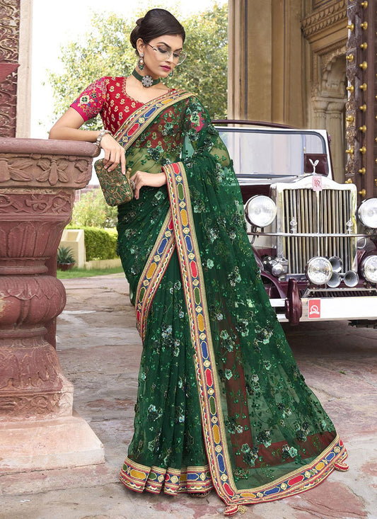 Trendy Saree Net Green Embroidered Saree