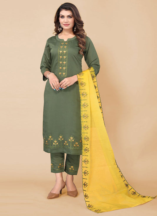 Pant Style Suit Chinon Green Embroidered Salwar Kameez