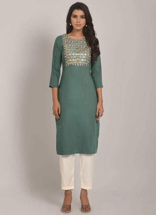 Party Wear Kurti Rayon Green Embroidered Kurtis