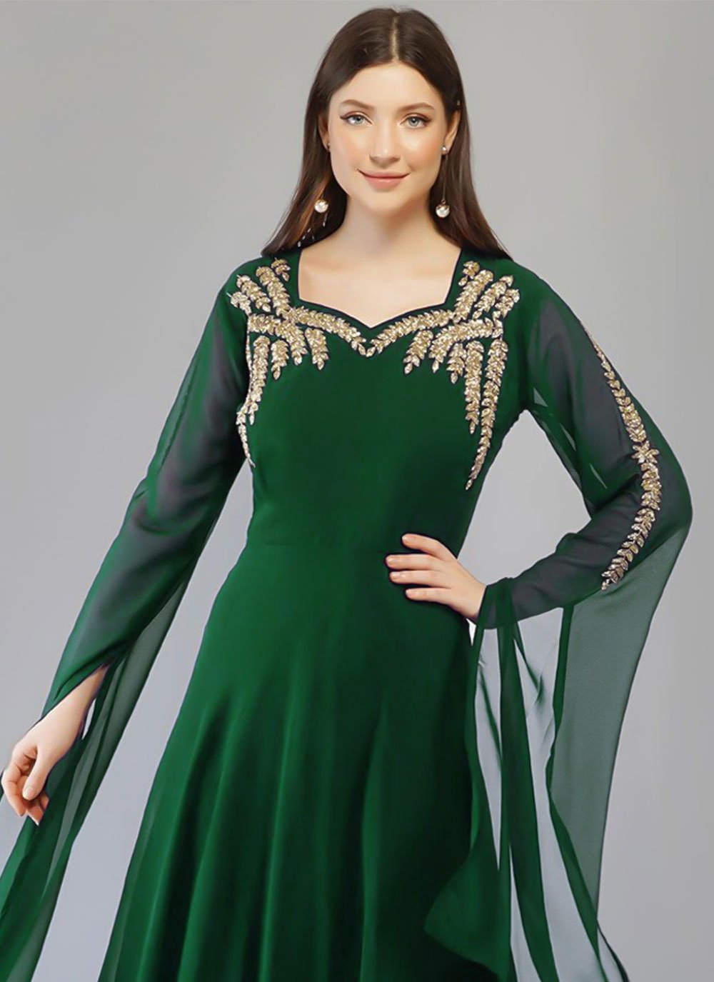 Party Wear Kurti Georgette Green Embroidered Kurtis