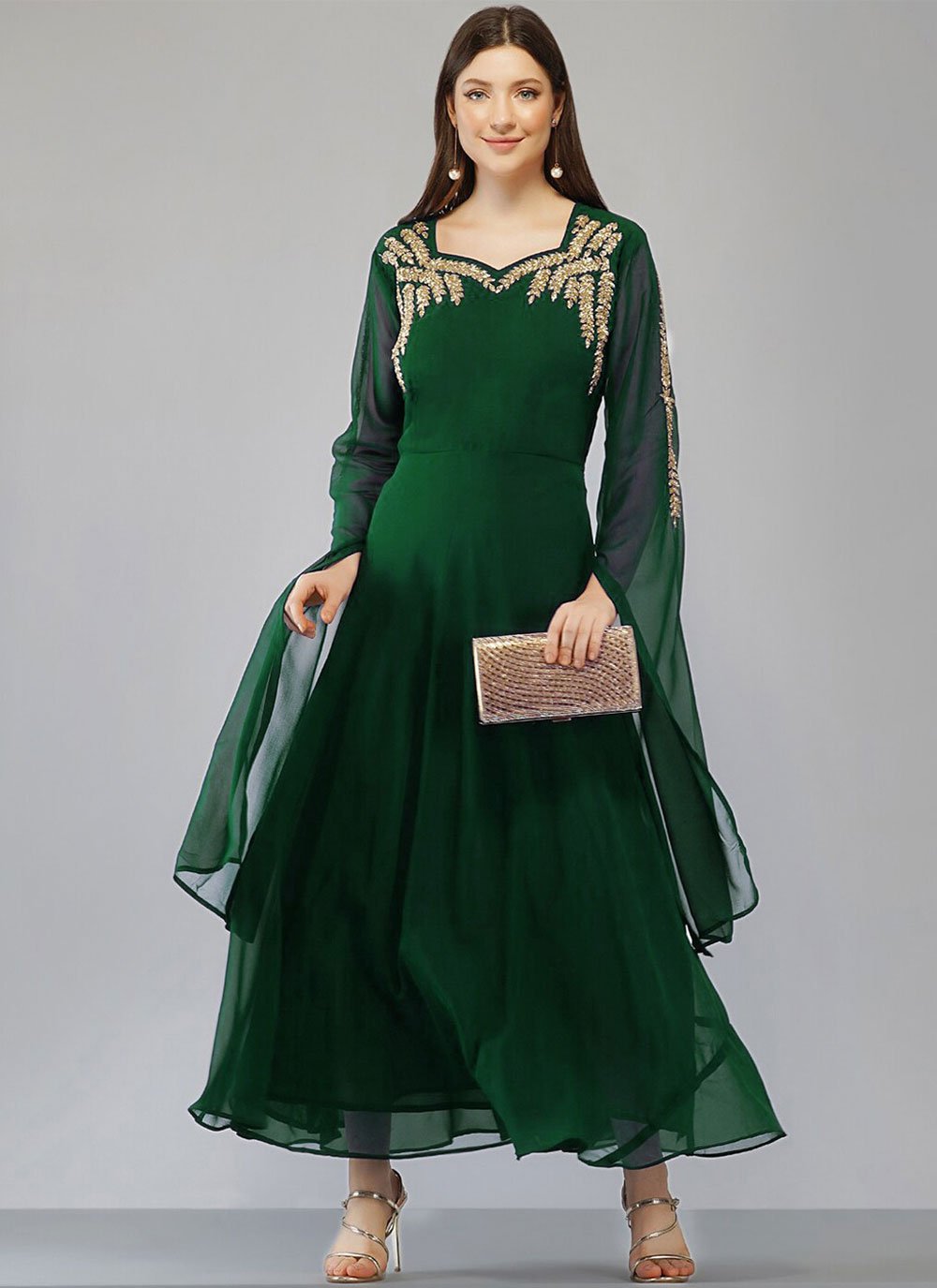 Party Wear Kurti Georgette Green Embroidered Kurtis