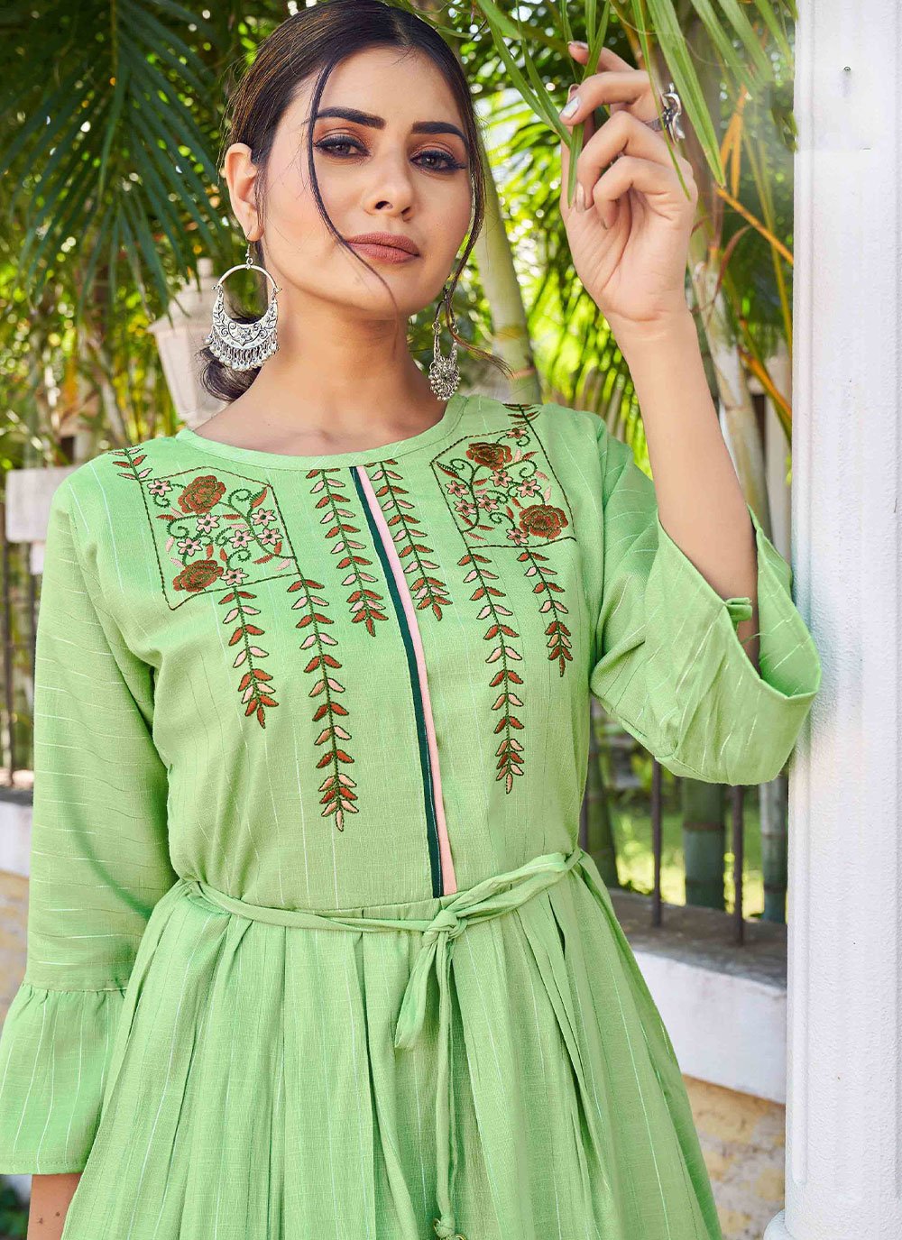 Party Wear Kurti Rayon Green Embroidered Kurtis