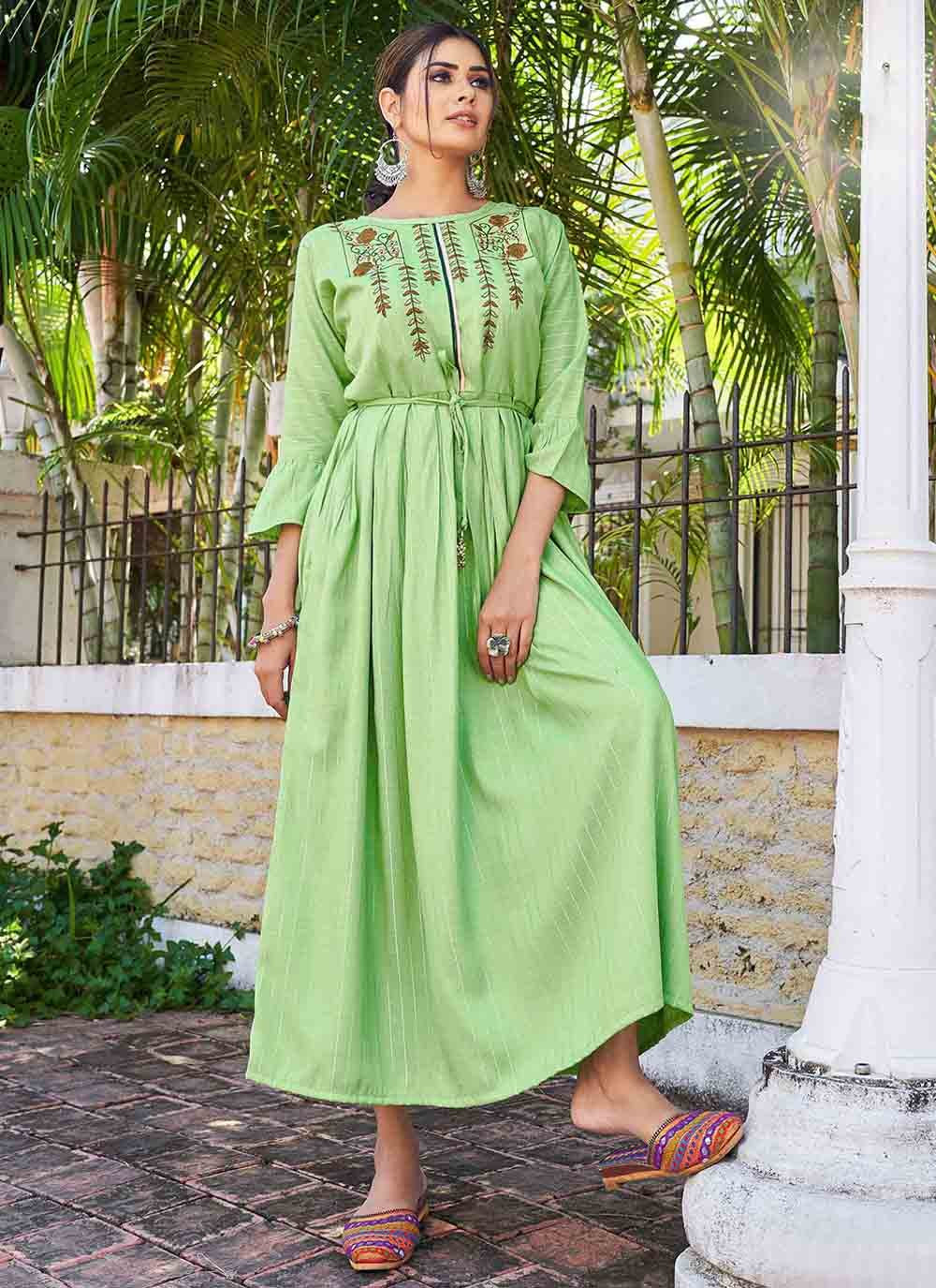 Party Wear Kurti Rayon Green Embroidered Kurtis