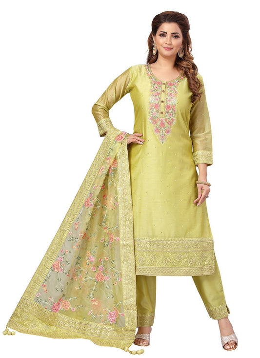 Salwar Suit Chanderi Green Embroidered Salwar Kameez