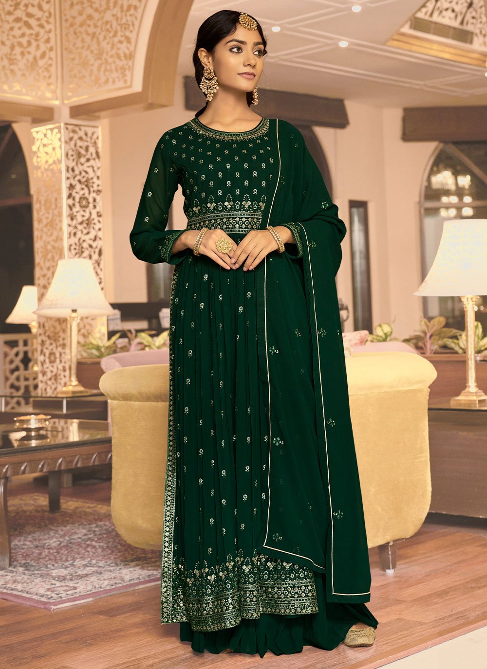 Salwar Suit Georgette Green Embroidered Salwar Kameez