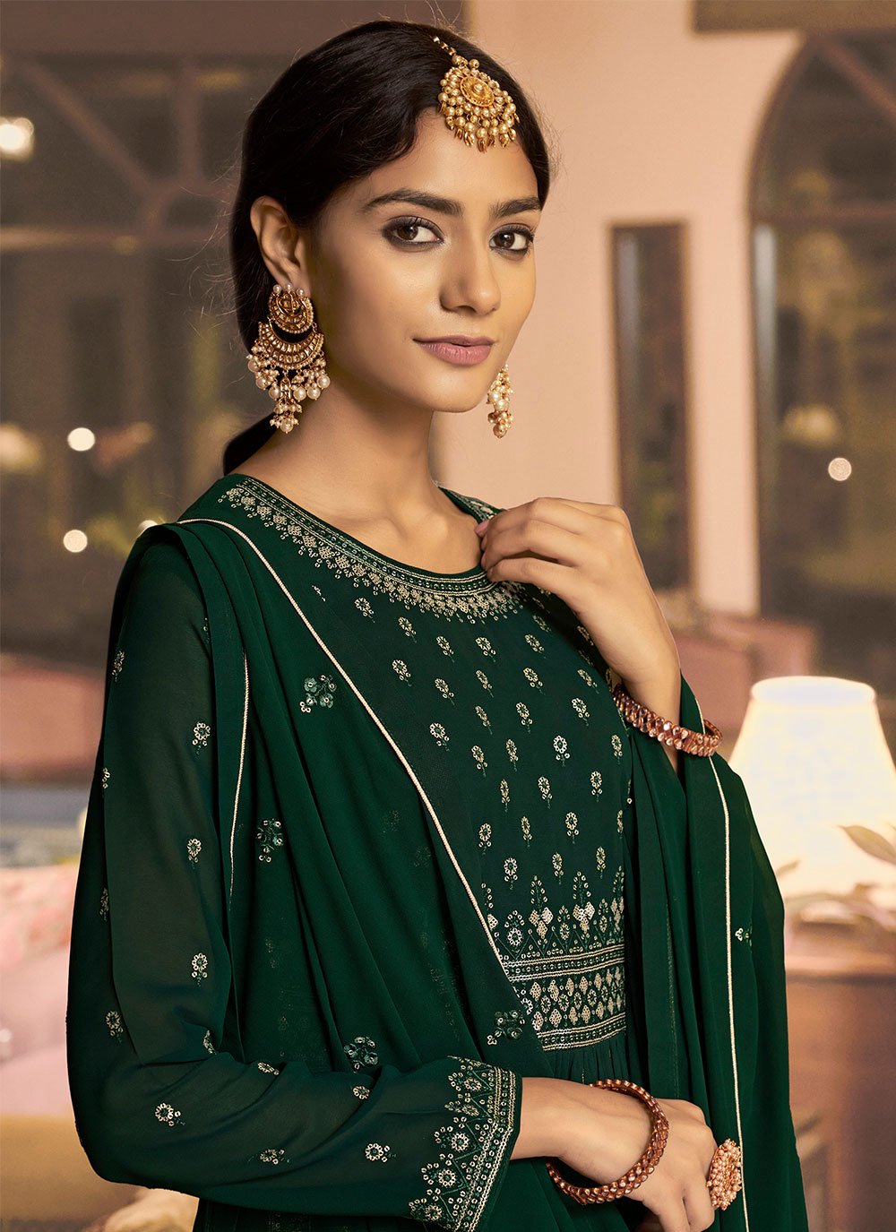 Salwar Suit Georgette Green Embroidered Salwar Kameez