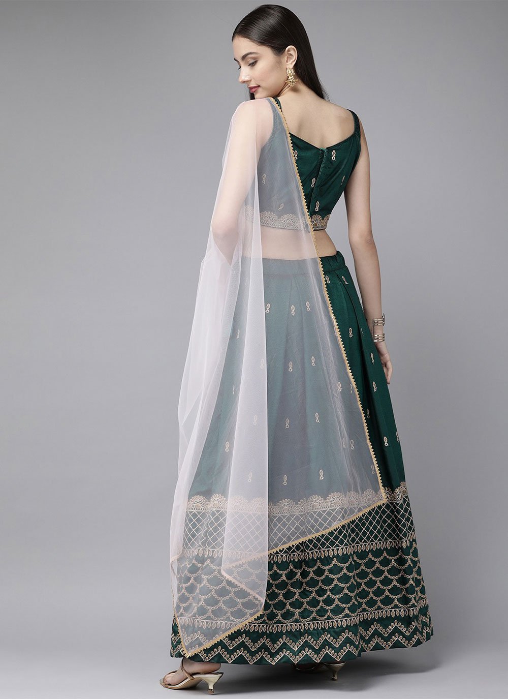 Lehenga Choli Satin Green Embroidered Lehenga Choli