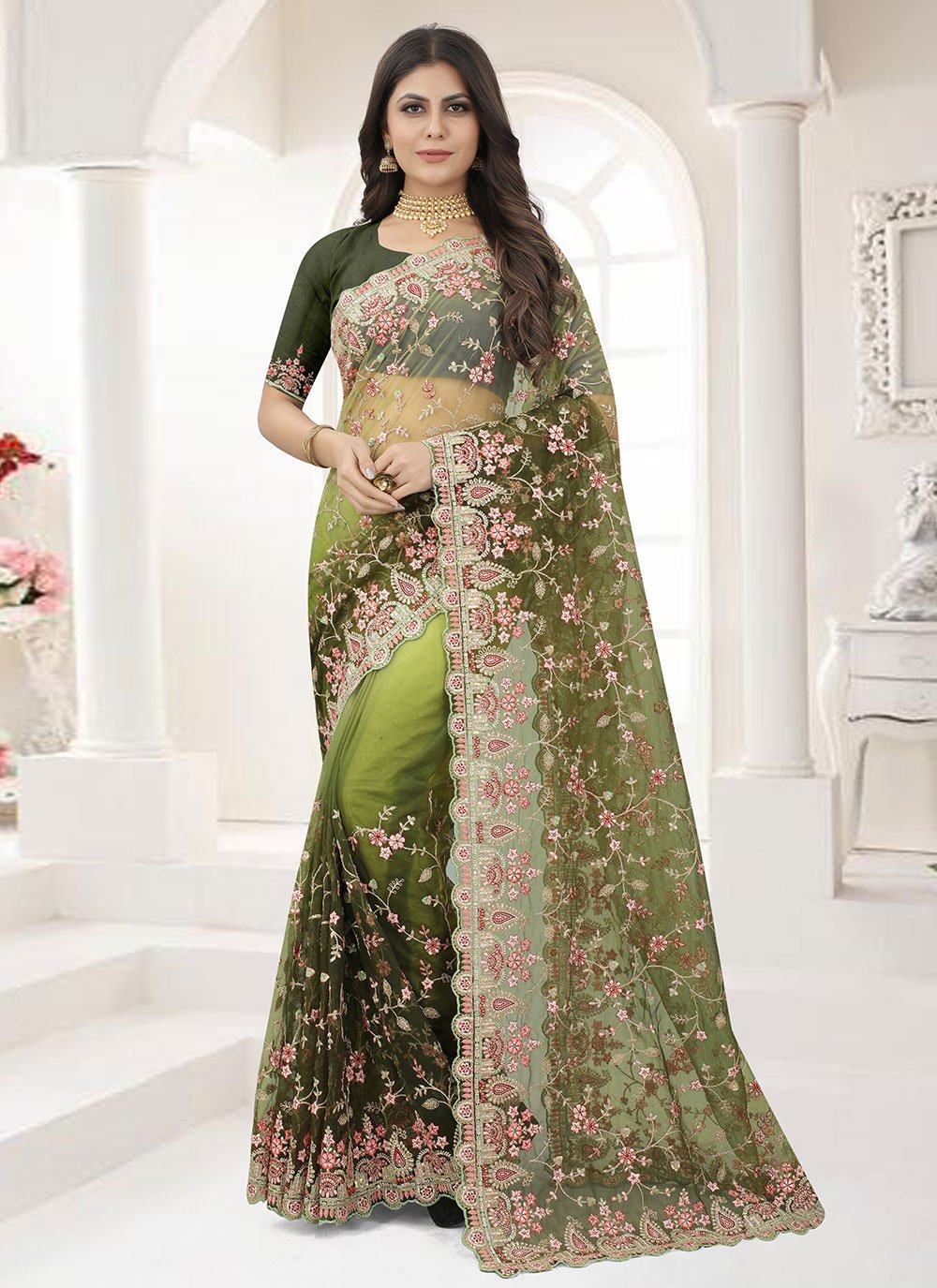 Traditional Saree Net Green Embroidered Saree